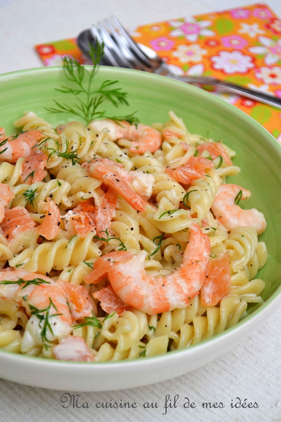 Ma cuisine au fil de mes idées... Pâtes spirelli aux crevettes et