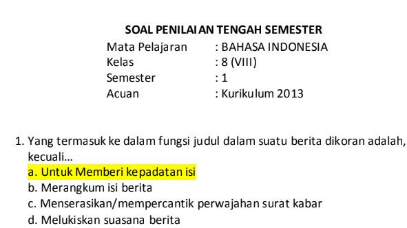 Soal PTS Bahasa Indonesia Kelas 8 Kurikulum 2013 Semester