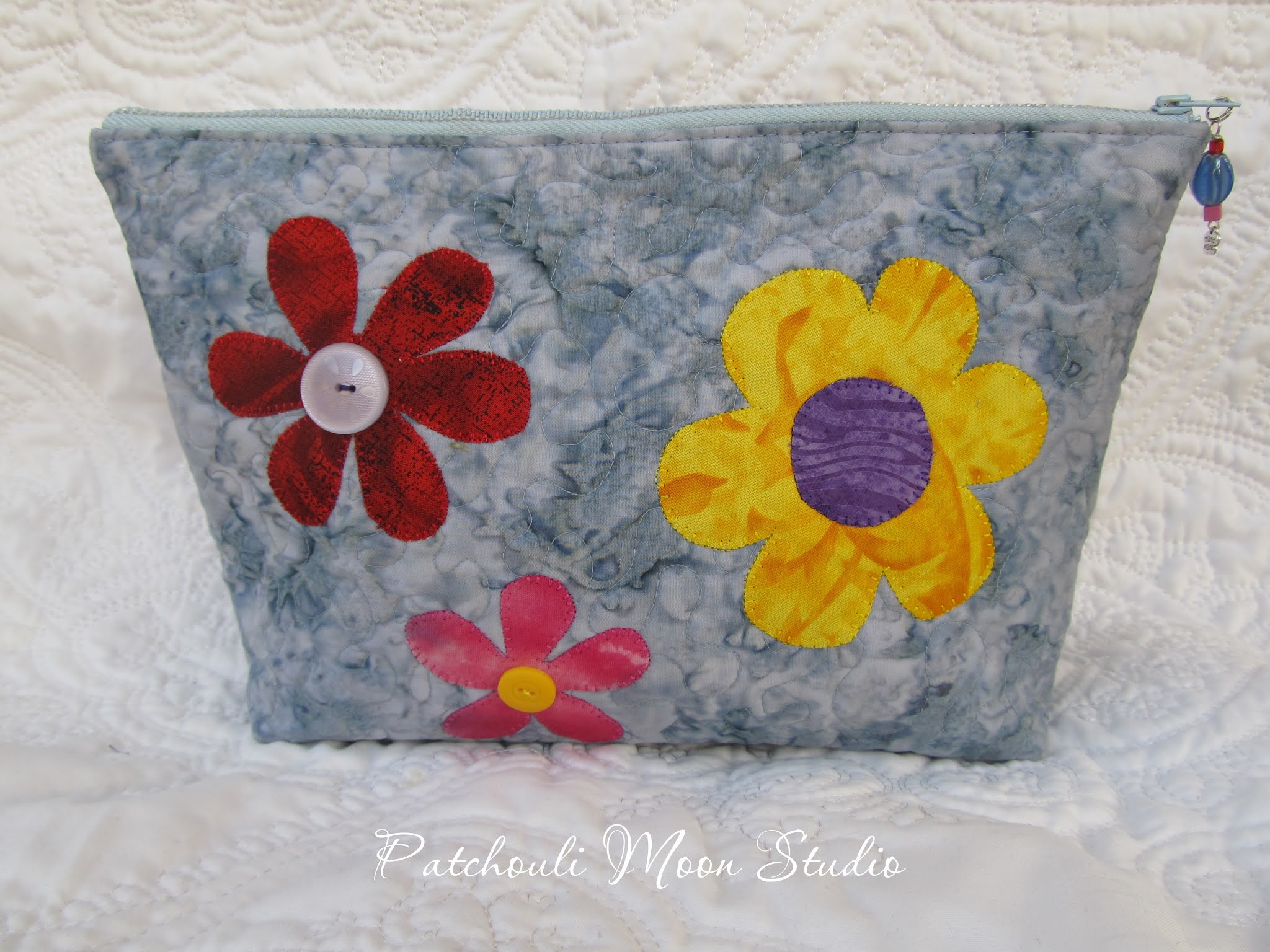 Patchouli Moon Studio: Quilted Zipper Pouch with Flower Applique