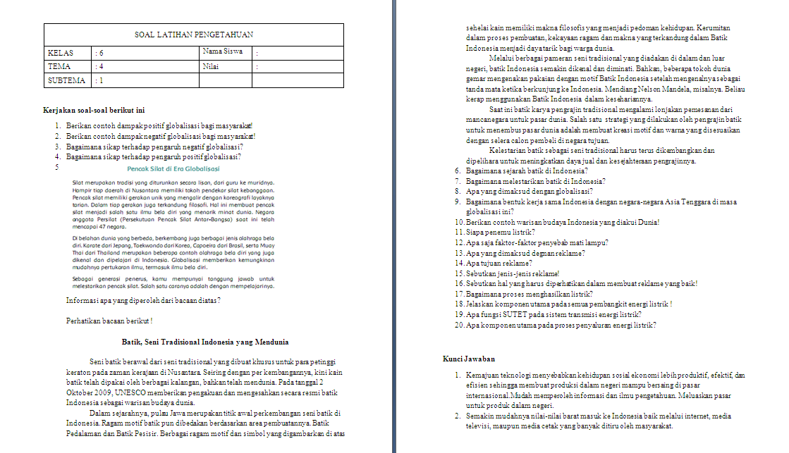 Soal Ulangan Harian Kelas 6 Tema 4