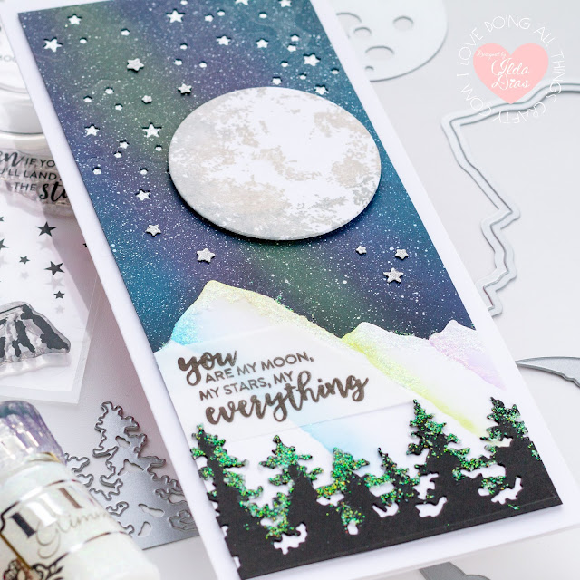Tonic Studios, Shoot For the Moon Stamp Set, Blog Hop, December, 2020, Stamp Release,Card Making, Stamping, Die Cutting, handmade card, ilovedoingallthingscrafty, Stamps, how to,Northern lights blended background,