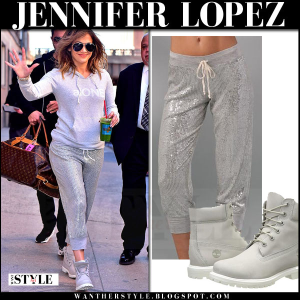 Jennifer Lopez in silver sequin sweatpants in New York on March 2 I