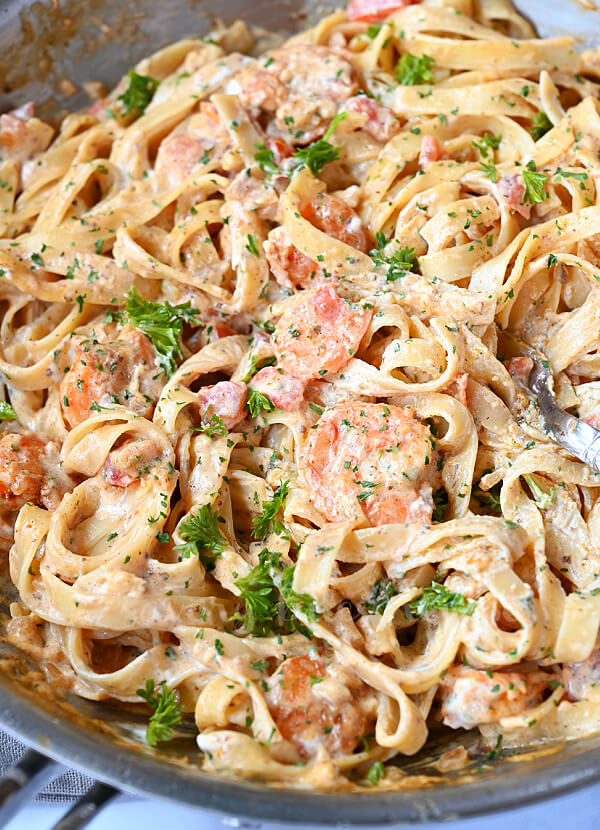 a pan with Cajun shrimp pasta