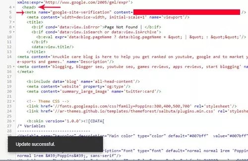 add webmaster code into html code for blogger seo