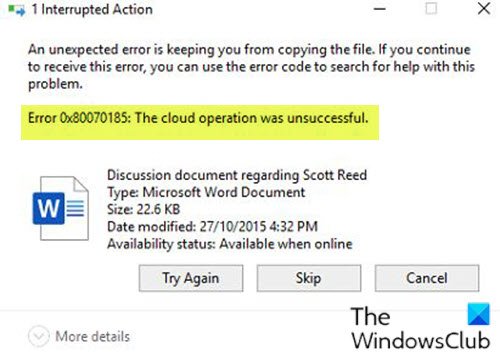 Error de OneDrive 0x80070185, la operación en la nube no tuvo éxito