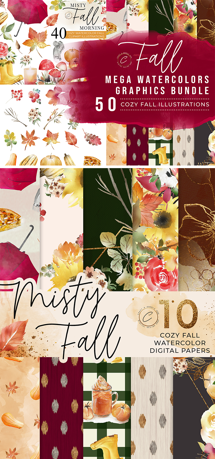 Fall Watercolor Graphics Bundle, Fall Clipart and Digital Paper Pack, Rustic Farmhouse Autumn Illustrations for commercial use