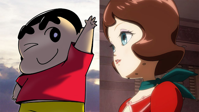 Crayon Shin Chan a fat cartoon kid wearing red shirt and yellow pants winking and smiling while his hand high and a beautiful mecha girl with blue eyes and brown hair wearing red suit.