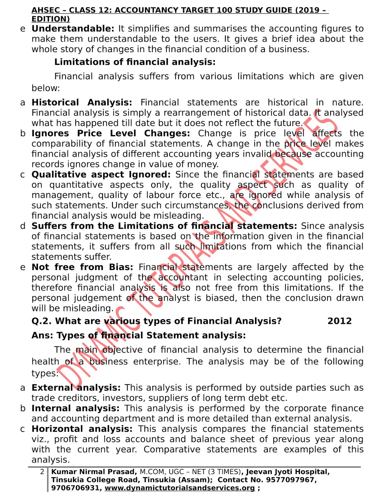 AHSEC 12 Financial Statement Analysis Important Questions and