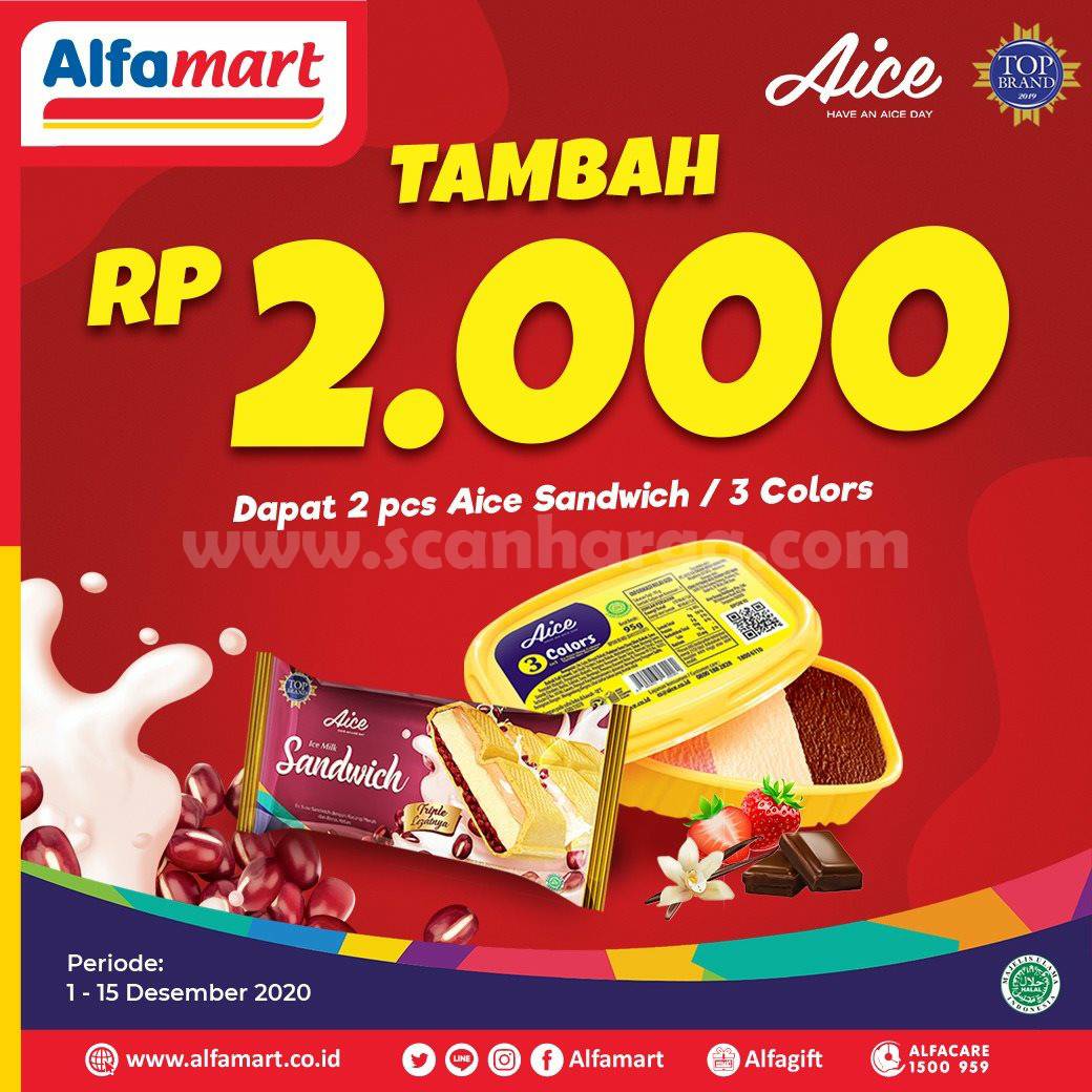 ALFAMART Promo Tambah +Rp 2.000 Dapat 2 pcs Aice Sandwich / 3 Colors