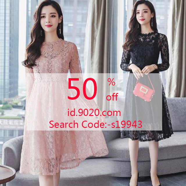 Korean Casual Slim Lace Midi Dresses Party Evening Long Sleeve Women ...