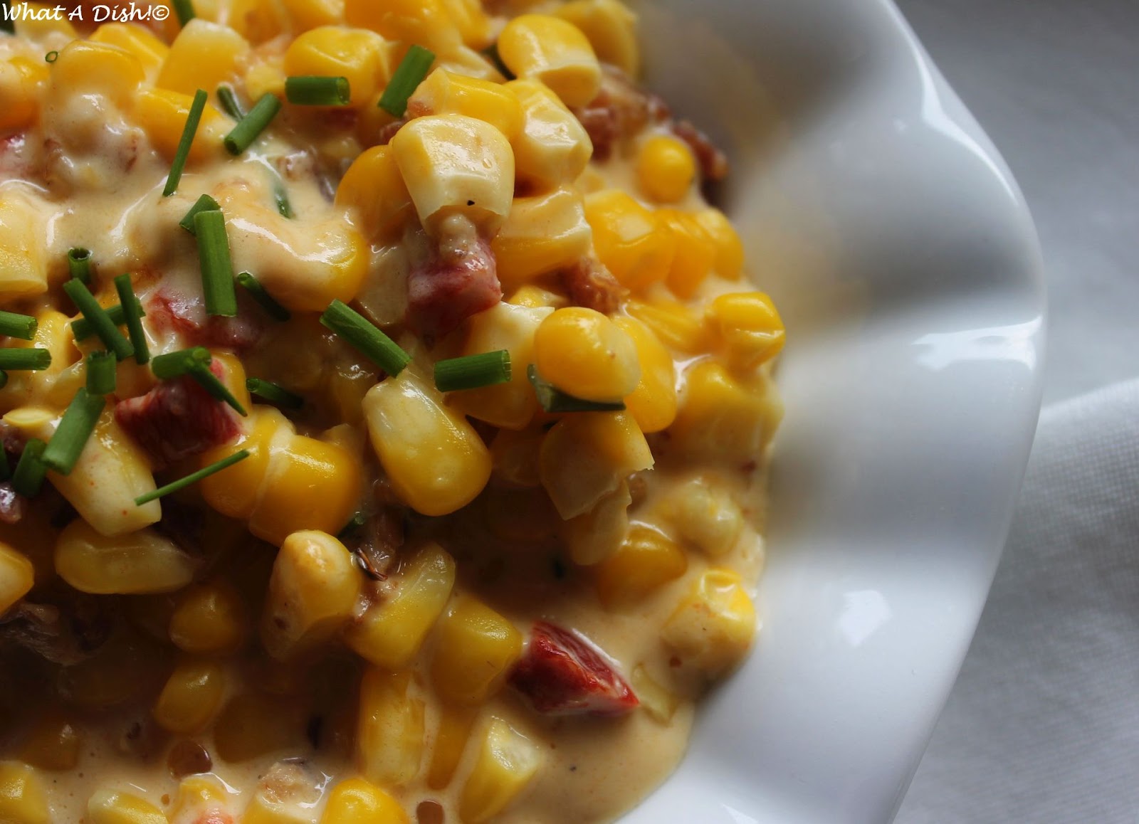 What A Dish! Creamed Corn with Roasted Red Peppers & Bacon