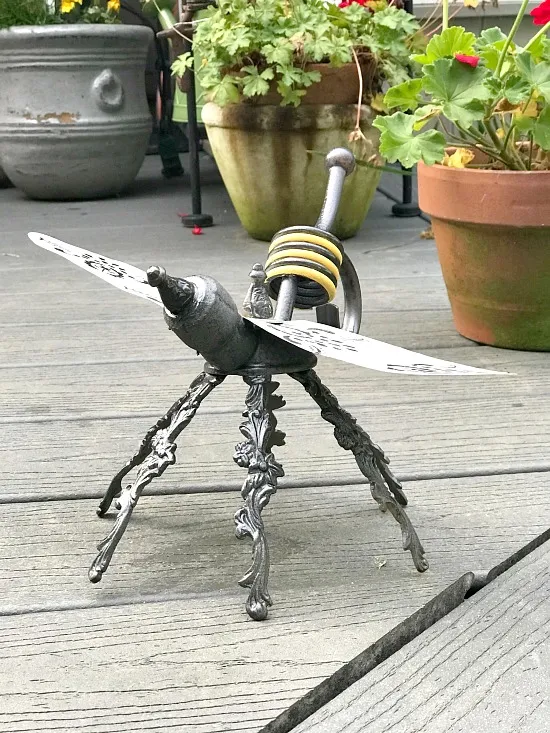 DIY yellow and black repurposed garden bee ornament