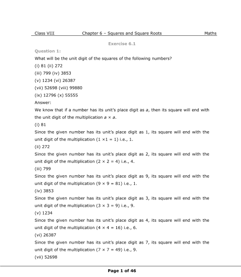 NCERT Solutions for Class 8 Maths Chapter 6 Squares and Square Roots