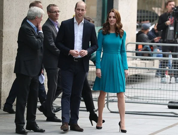 Kate Middleton is repeating her teal Emilia Wickstead dress and her Asprey leaf earrings. Kate is wearing a teal Emilia Wickstead dress
