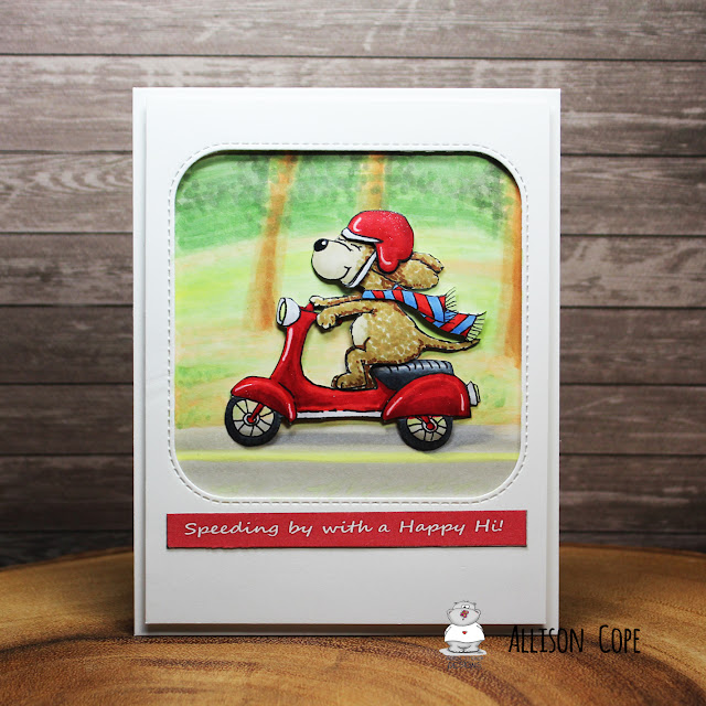 Speeding By Card by Allison Cope featuring the digital stamp "Dog on Scooter Vrooming By" by Gerda Steiner Designs