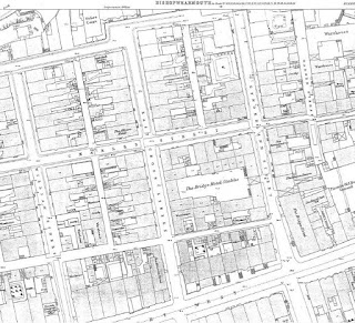 Large scale map snip showing Sunderland Street, East Cross Street and William Street in 1857.