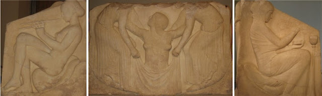 tre pannelli marmorei figurati: flautista nuda seduta, personaggio femminile emergente, donna velata intenta a bruciar profumi