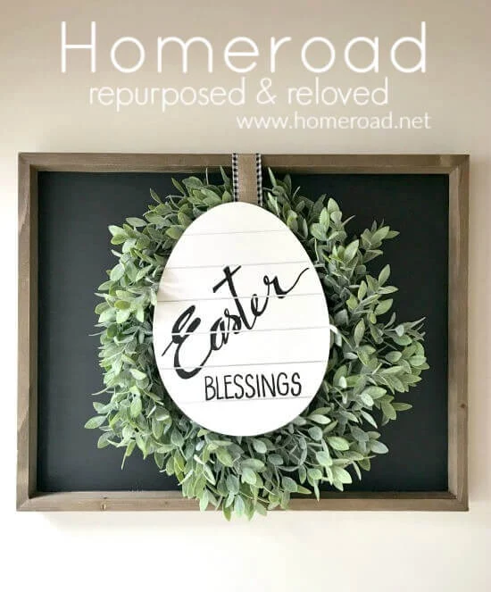 DIY chalkboard sign with wreath and egg sign