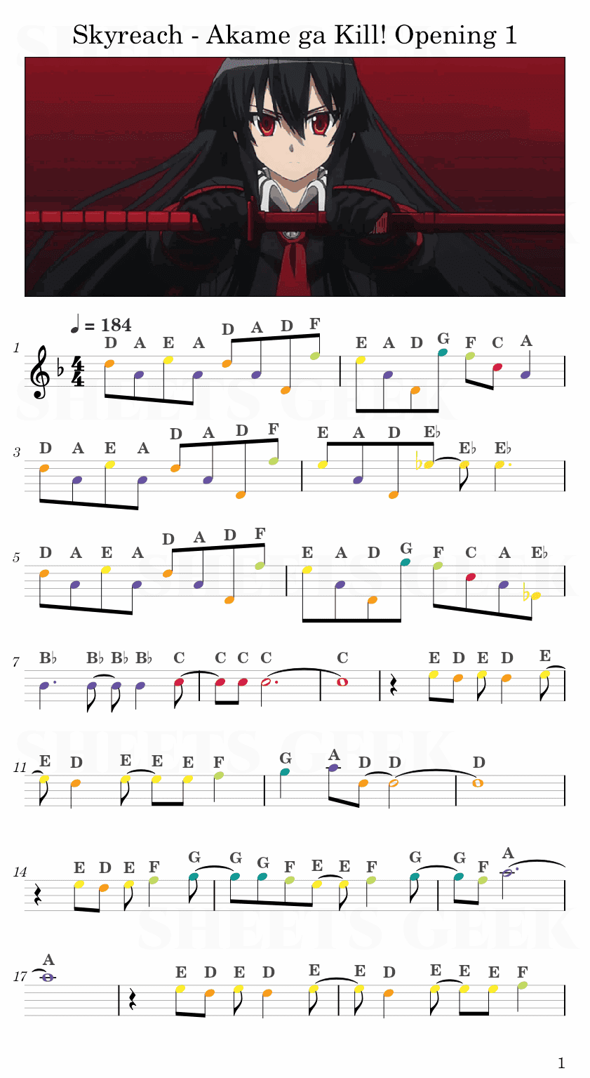 Skyreach - Akame ga Kill! Opening 1 Easy Sheet Music Free for piano, keyboard, flute, violin, sax, cello page 1