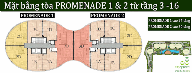 Mặt bằng tòa PROMENADE từ tầng 3 - 16 Mặt bằng tòa PROMENADE từ tầng 3 - 16