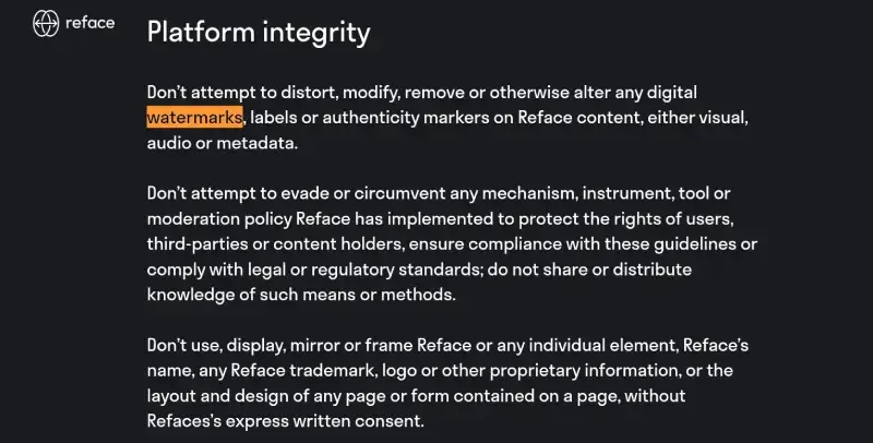 Community Guidelines Reface tentang watermark