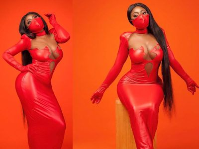 Actress, Yvonne Jegede Stuns In Cleavage-Baring Latex Dress With Matching Nose Masks (Photos)