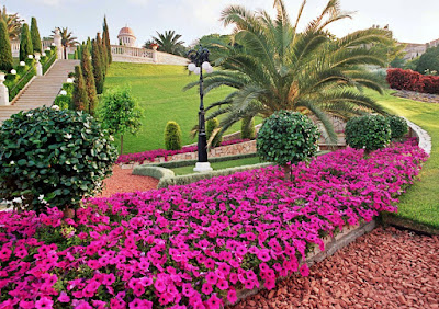 One of the Terraces of the Shrine of the Báb, and the Shrine in the background. Haifa, Israel.