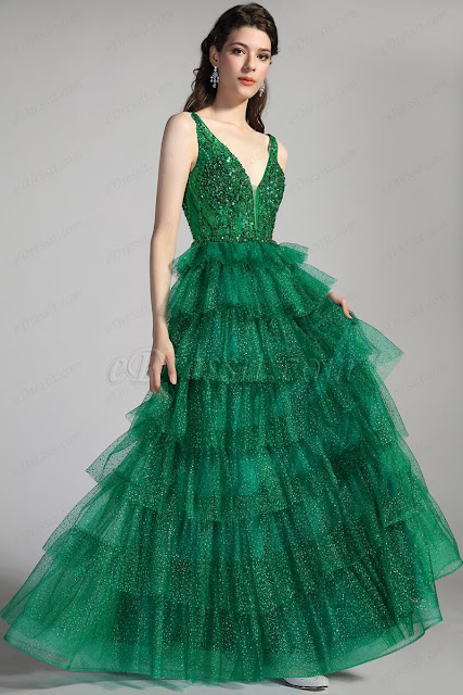  Green V-Cut Beaded Shiny Layers Party Cake Dress