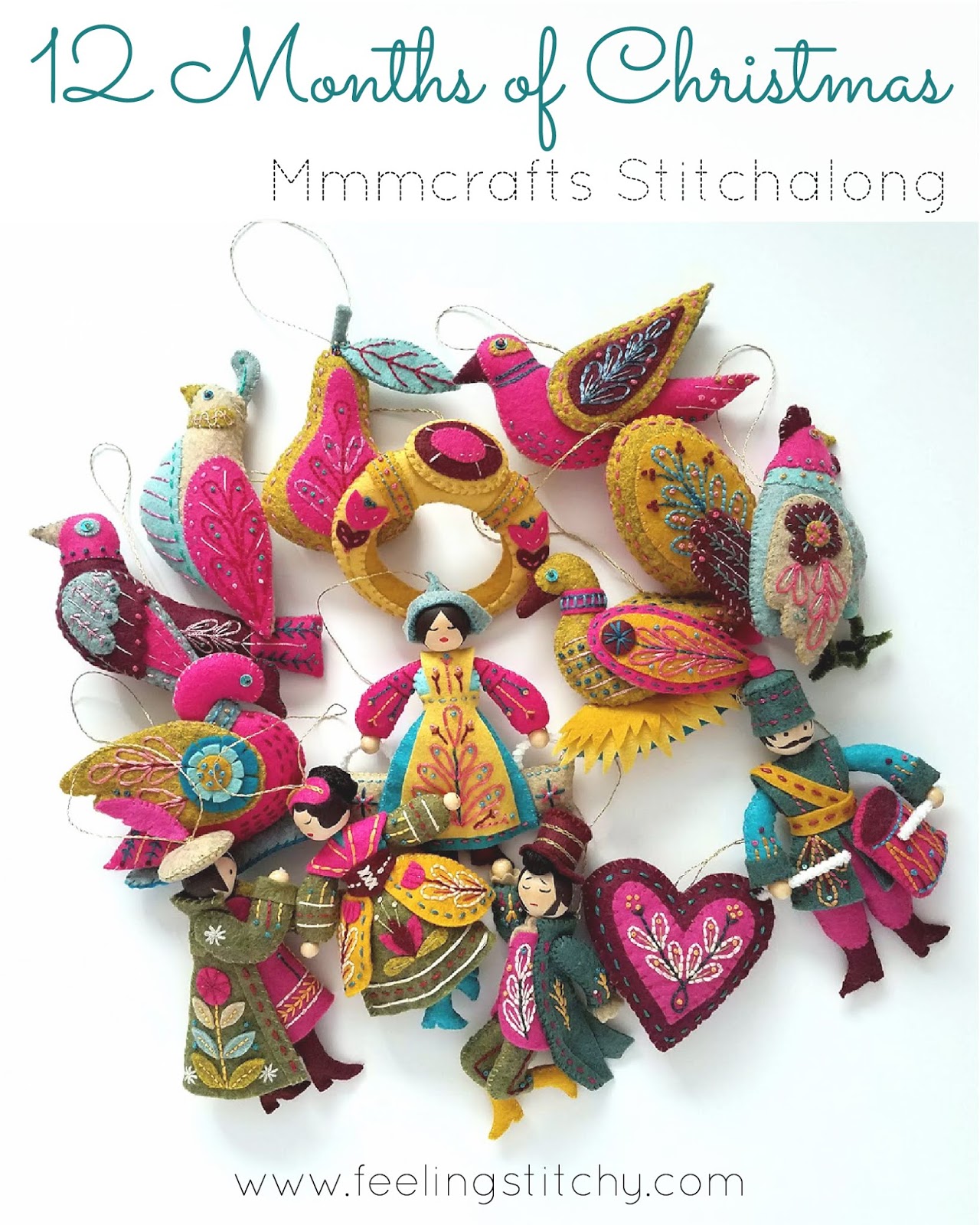 Finished 12 Days of Christmas ornaments - pattern by Mmmcrafts, as stitched by floresita and shared on Feeling Stitchy