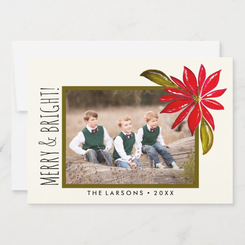 Classic Hand Painted Poinsettia and Family Photo Flat Christmas Card