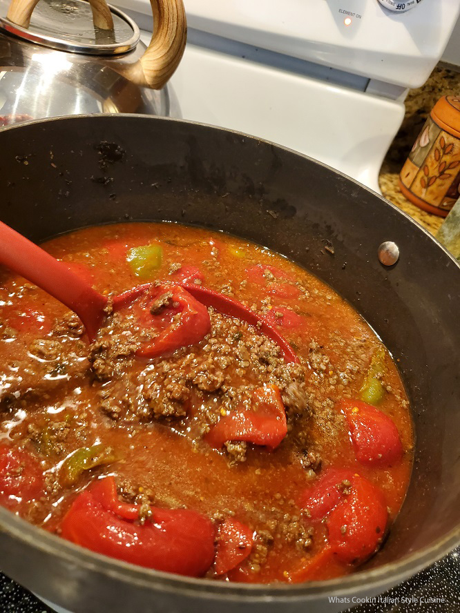 this is sauce with ground venison meat in it, peppers garlic and simmered 