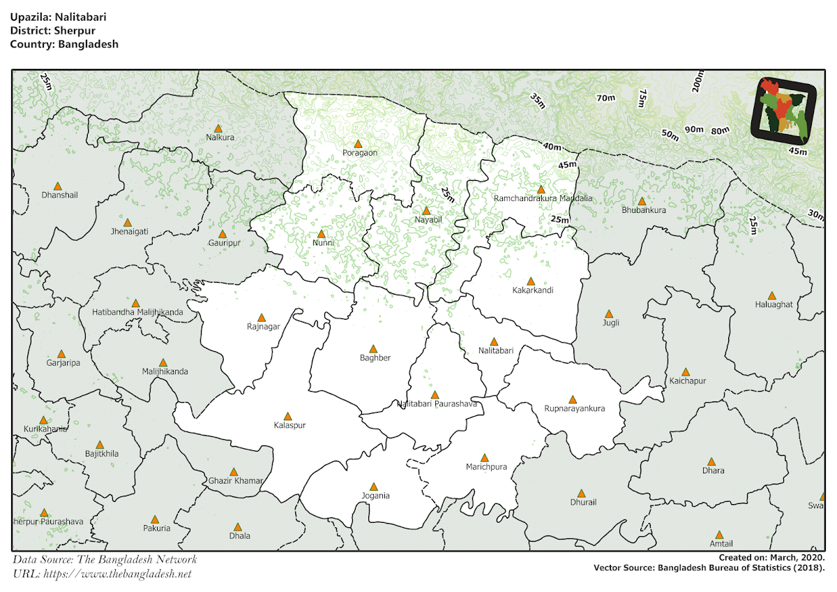 Nalitabari Upazila Elevation Map Sherpur District Bangladesh