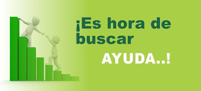 Un muñequito ayudando a otro a subir unos peldaños, y un texto que dice:"Es hora de buscar ayuda"