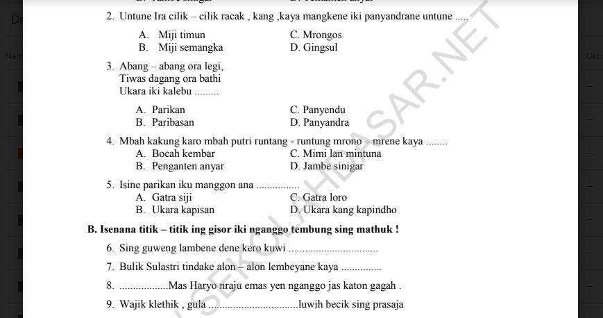 Soal Penilaian Harian K13 Kelas 5 Semester 2 Bahasa Jawa Tema 6 Sekolahdasar Net