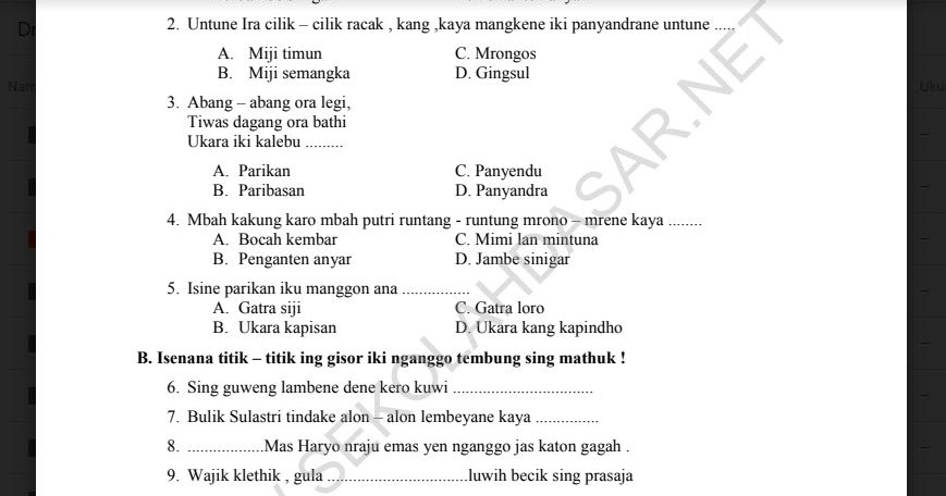 Soal Penilaian Harian K13 Kelas 5 Semester 2 Bahasa Jawa Tema 6 Sekolahdasar Net