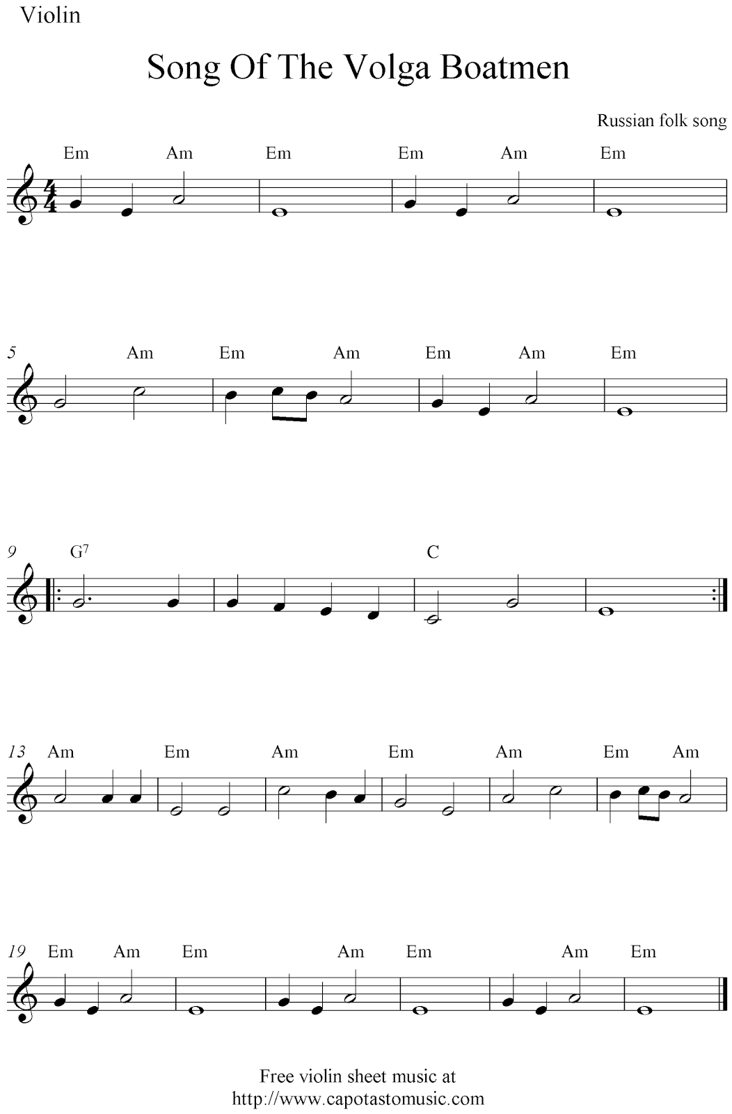 Song Of The Volga Boatmen, free violin sheet music notes