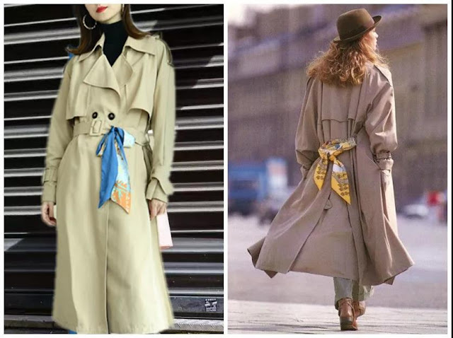 Two women wear a trench coat with silk scarf knot.