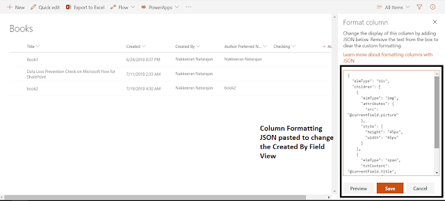 Column Formatting JSON pasted to change the "Created By" Field View