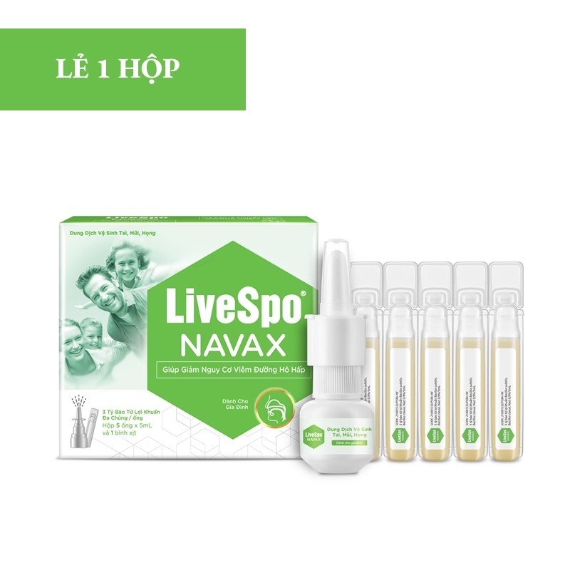 LiveSpo Navax Dung dịch vệ sinh tai, mũi, họng – Dành cho mọi gia đình Hộp 5 ống + 1 bình xịt.