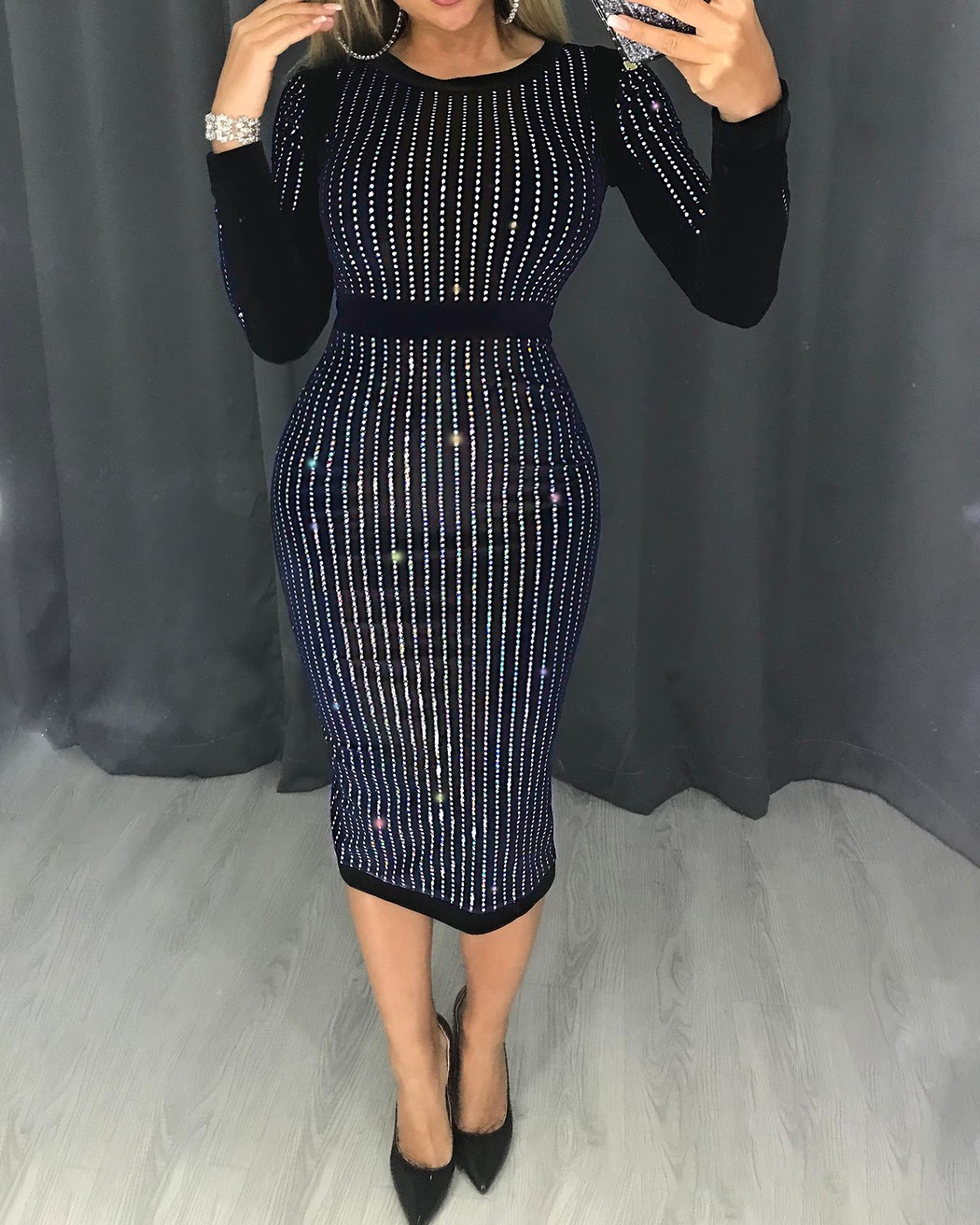 Stripes Binding Long Sleeve Sequin Party Dress