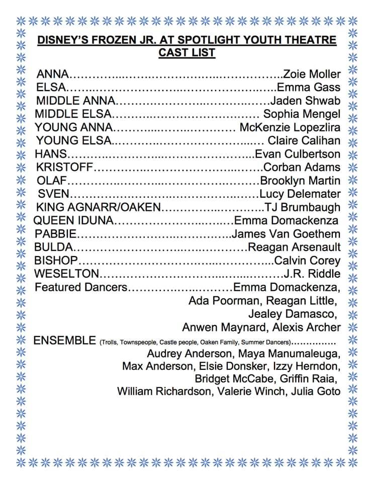 PHX Stages cast announcement DISNEY'S FROZEN, JR Spotlight Youth
