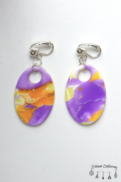 Boucles d'oreilles en pâte polymère Imitation Marbre Violet Jaune Translucent Stenna Création