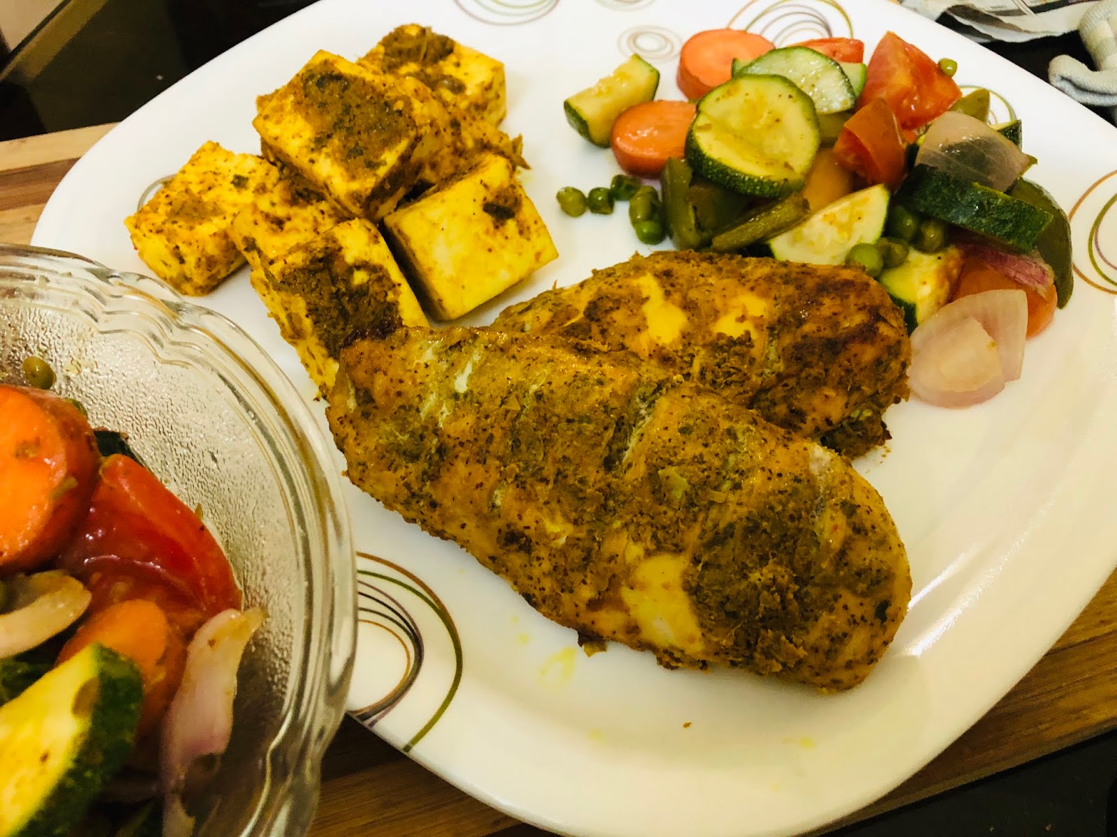 Chicken and Cottage cheese coriander steak with roasted veggies