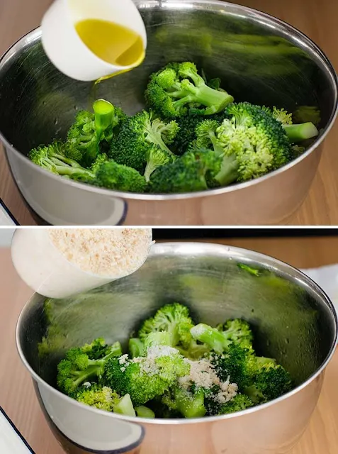 Add olive oil and breadcrumbs to broccoli