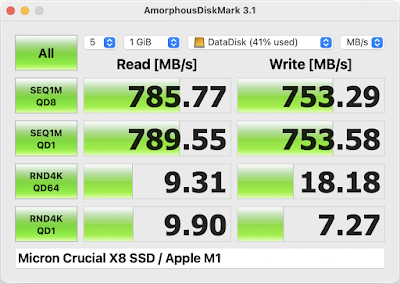 MacのTB(type-C)ポートにSSDを接続。SSD付属のType-Cケーブル。もう一つのTBポートにはDockが接続されている