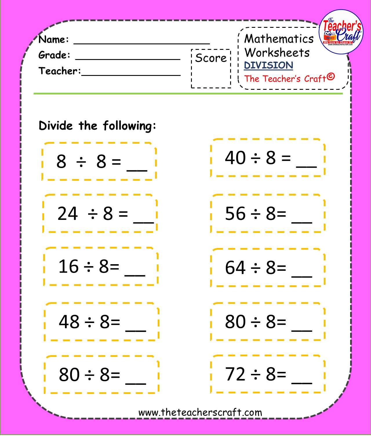MENTAL DIVISION WORKSHEETS - The Teacher's Craft