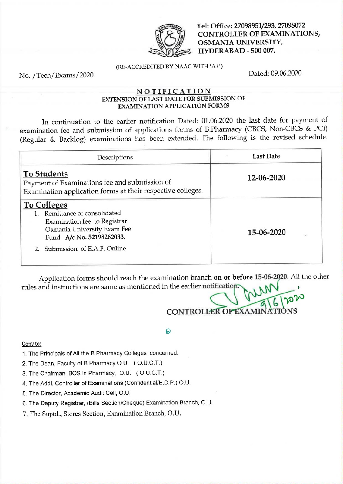 ou b.pharm cbcs, non-cbcs reg & supply june 2020 apply submission extended date notice