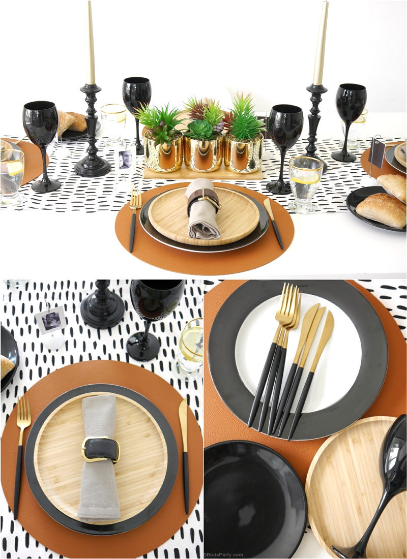 Father's Day Masculine Tablescape Ideas - ideas for a chic, modern but manly table setting in black, white, brown & gold with easy, DIY details! by BirdsParty.com @birdsparty #fathersday #fathersdaytable #fathersdayparty #fathersdaytablescape #tablescape #tablesetting #tabledecor #masculinetable #masculinetablescape #fathersdaypartyideas