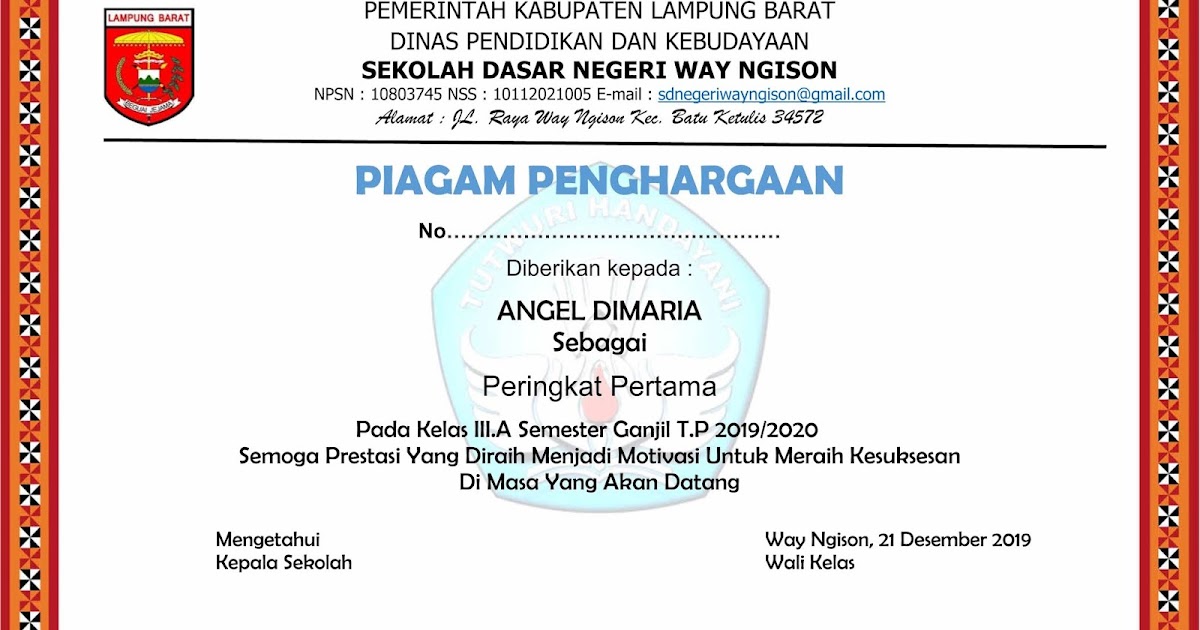 Bingakai Piagam Penghargaan Peringkat Kelas Celugam