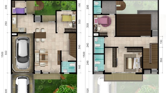 LINGKAR WARNA: Denah Rumah Minimalis Ukuran 9x15 Meter 4 Kamar Tidur 2 Lantai + Tampak Depan